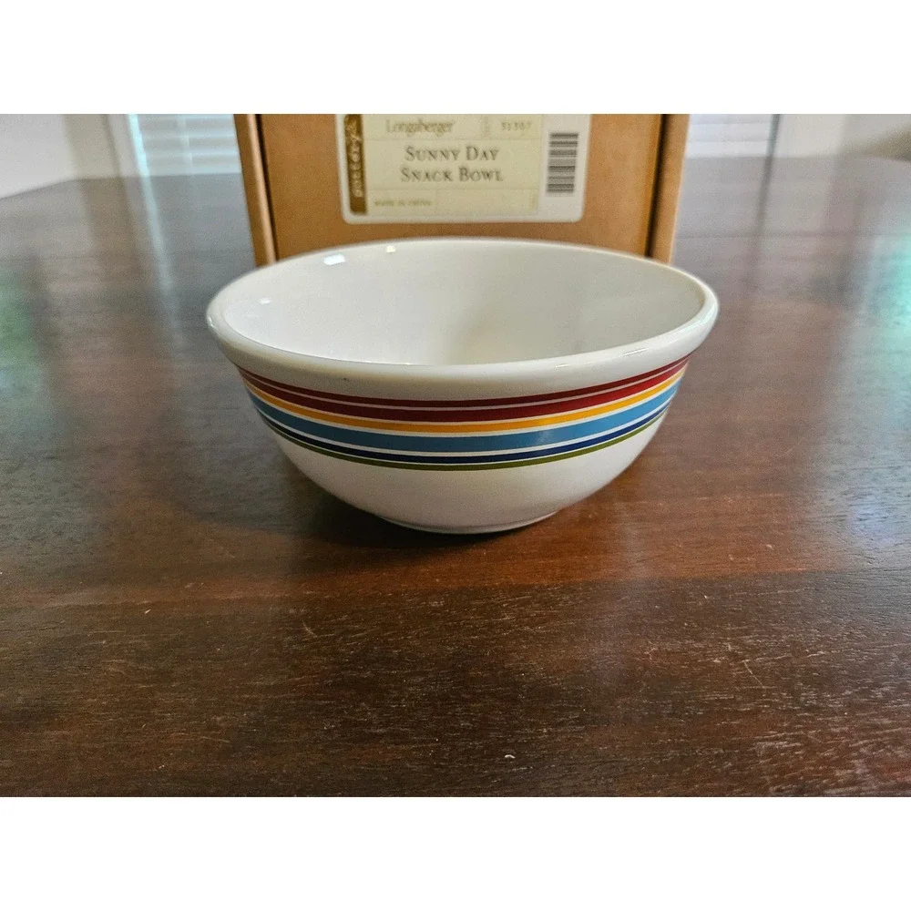 Longaberger Sunny Day Snack Bowl White Multi-Color Striped Pottery